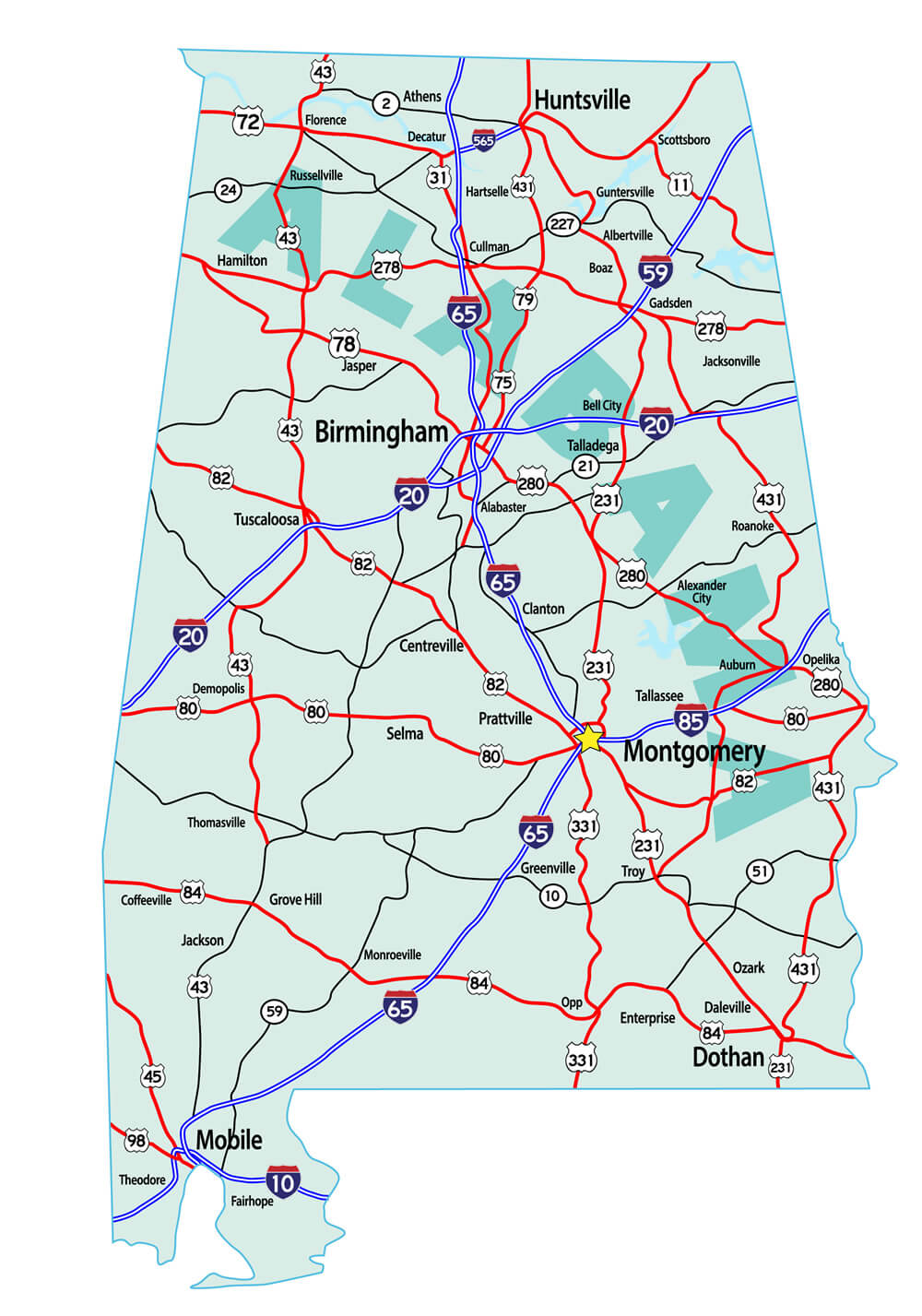 Alabama State Road Map with Interstates