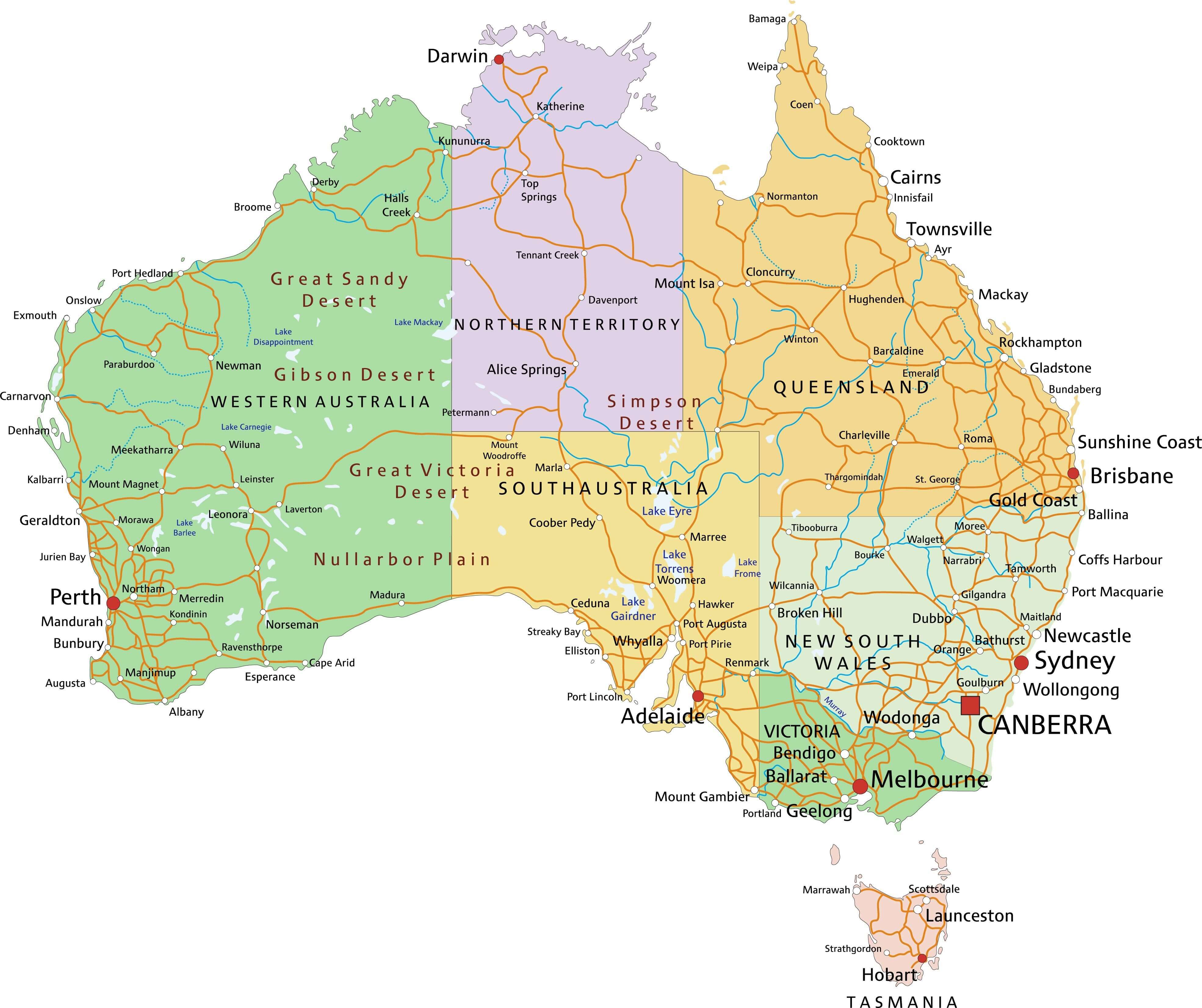 Australia detailed political map with cities, regions and states