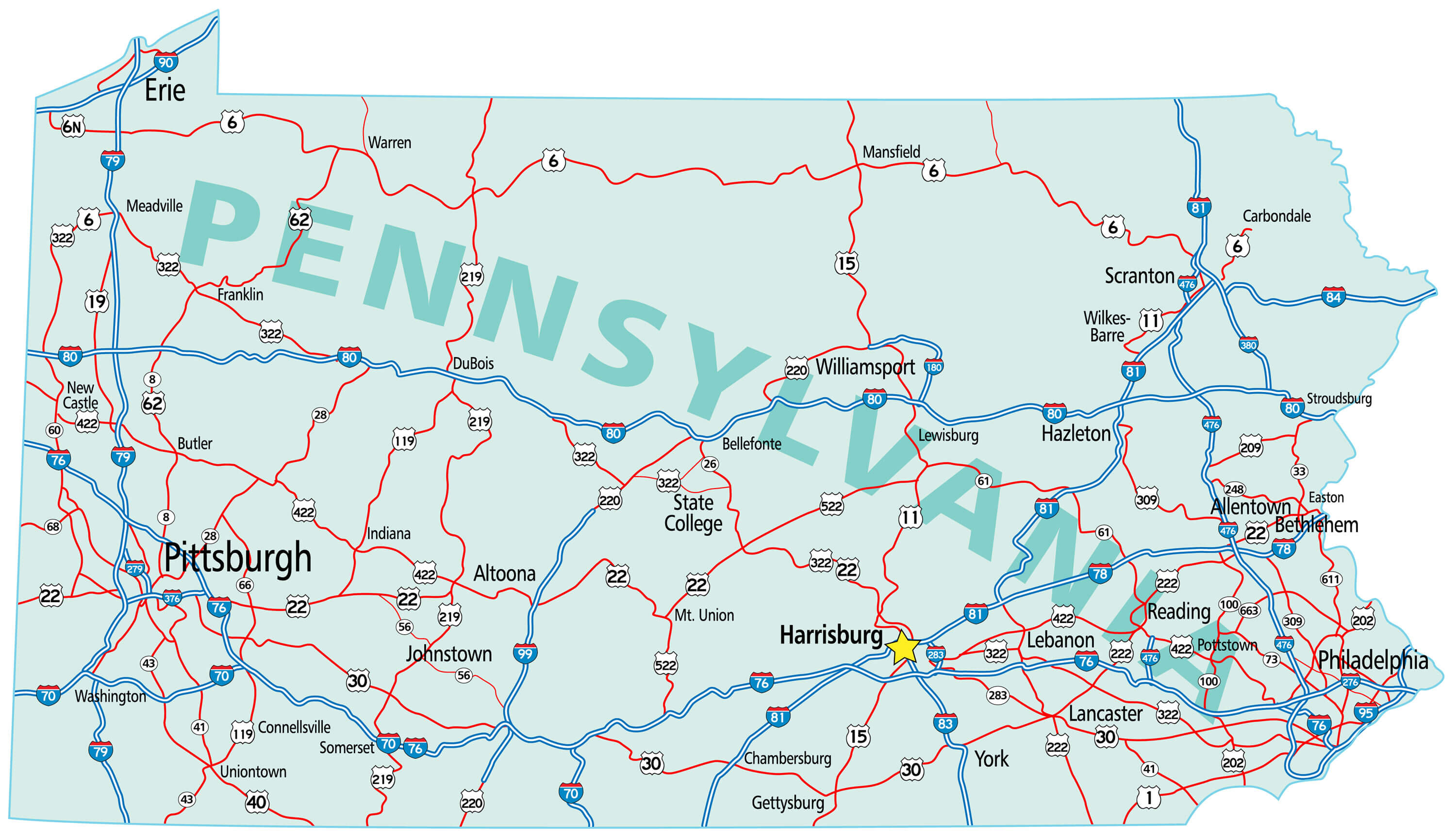 Large Detailed Administrative Map Of Pennsylvania State With Roads My