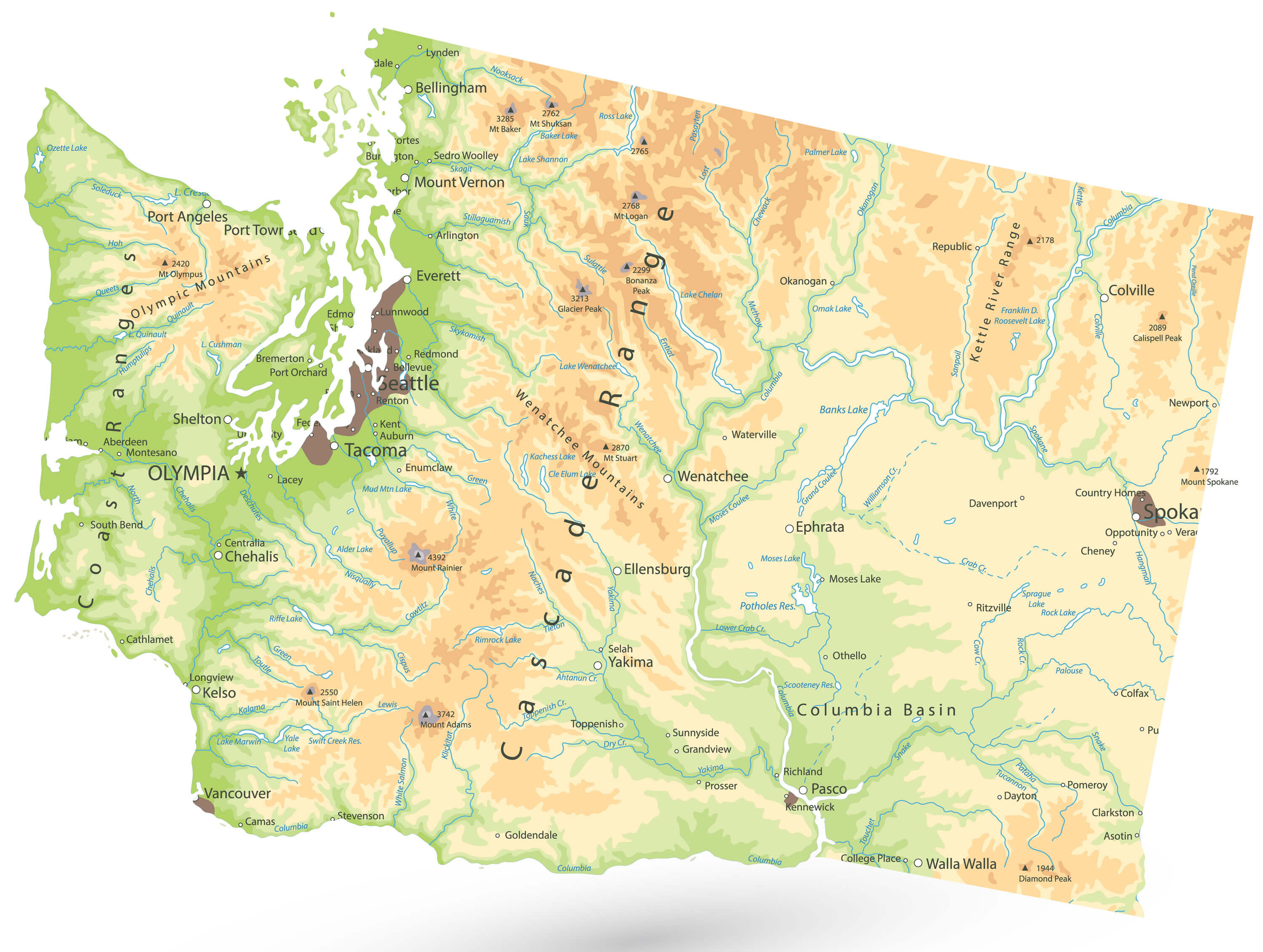 Physical map of Washington