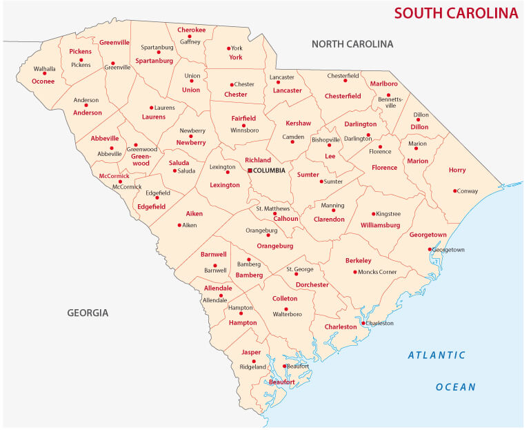 South Carolina Administrative Map, USA