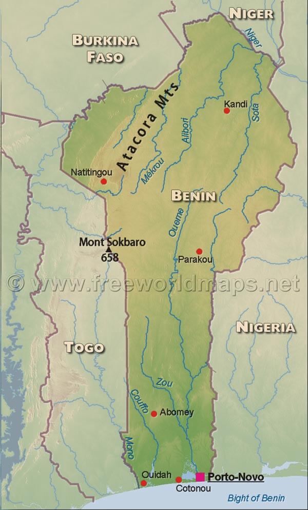 Benin Map 26 Benin physical map with cities, rivers, and Atacora Mountains.