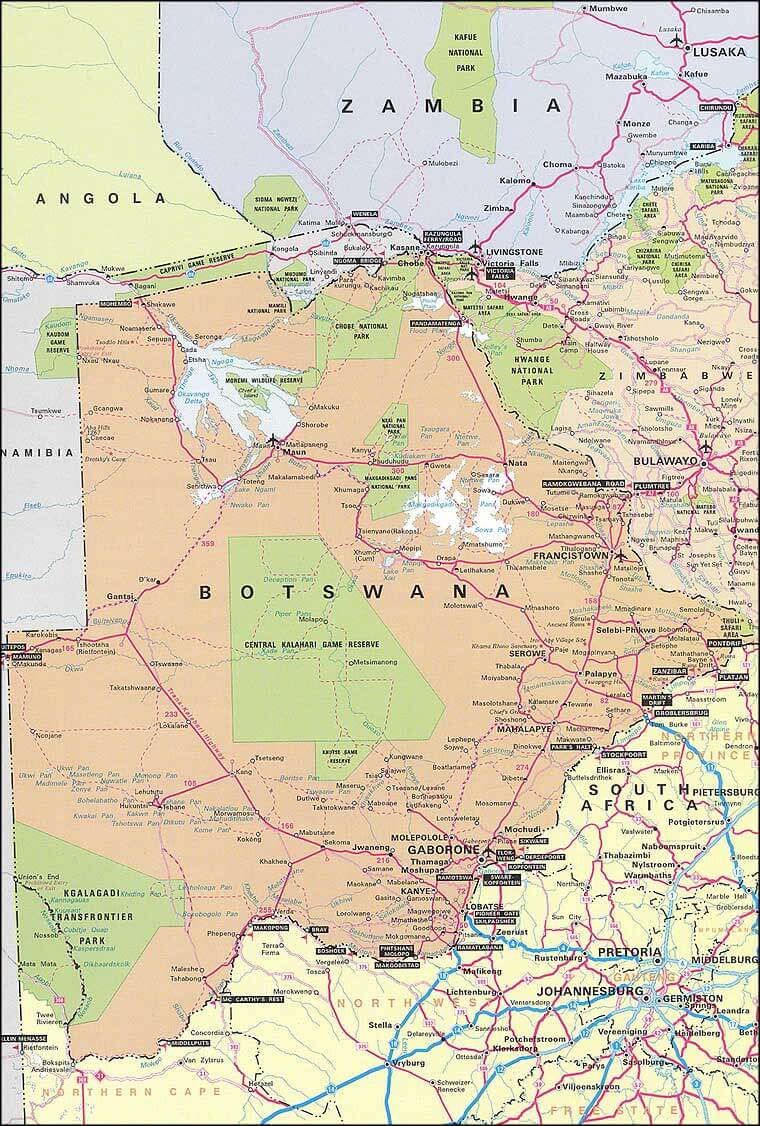 Botswana Map 27 Detailed Botswana map with national parks, cities, and neighboring countries.
