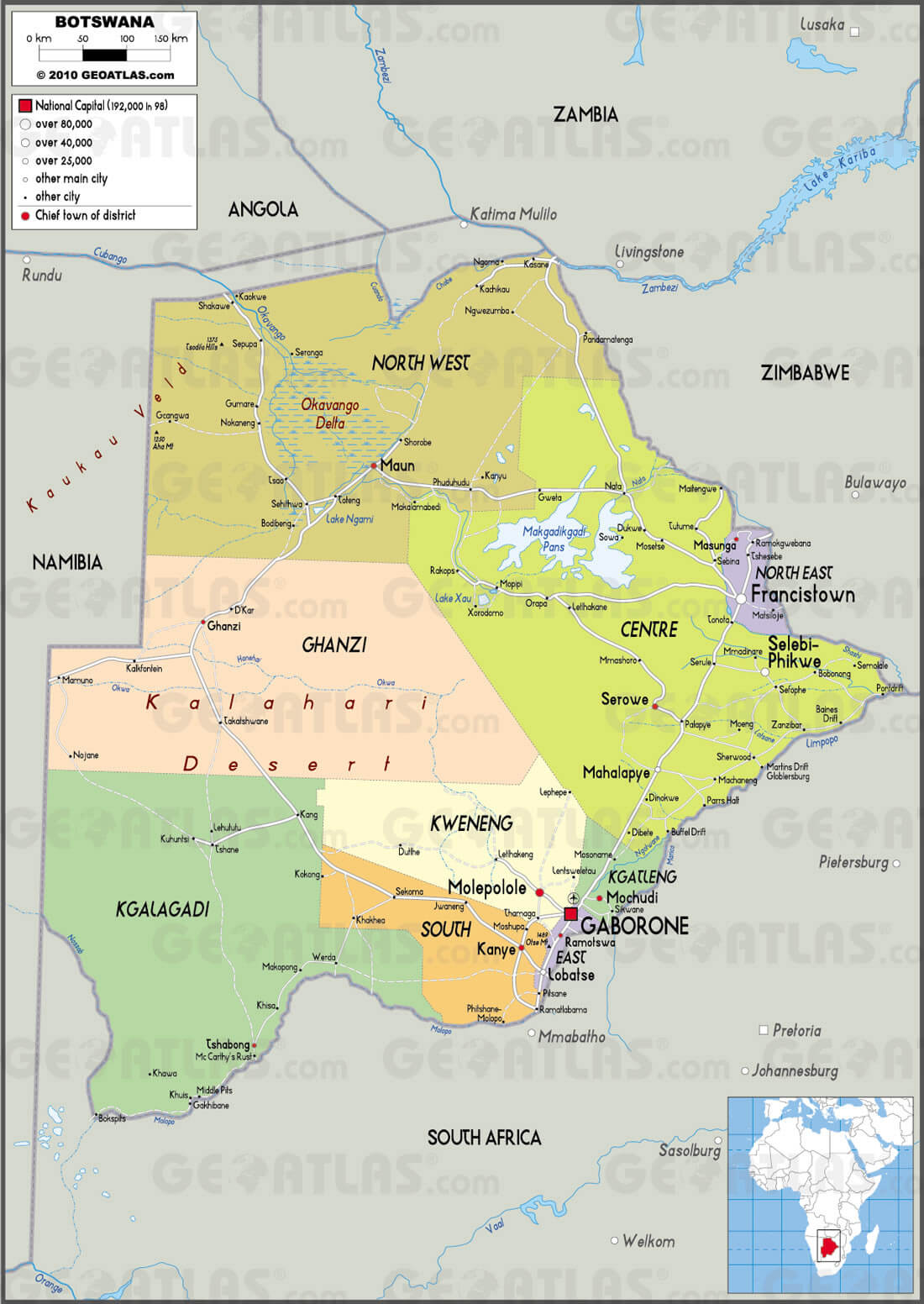Botswana Map 28 Botswana map with districts, major cities, and natural landmarks.