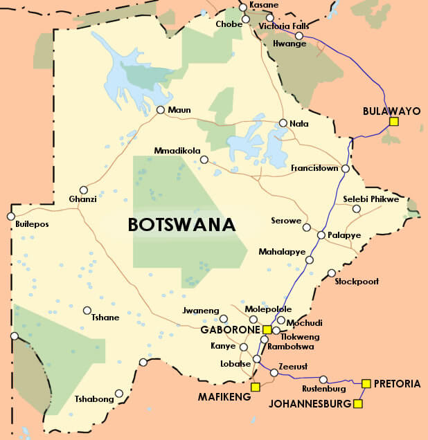 Botswana Map 29 Botswana map showing cities, landmarks, and bordering countries.