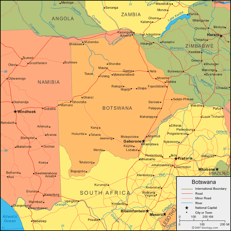 Botswana Map 23 Botswana map with major cities, roads, and neighboring countries.