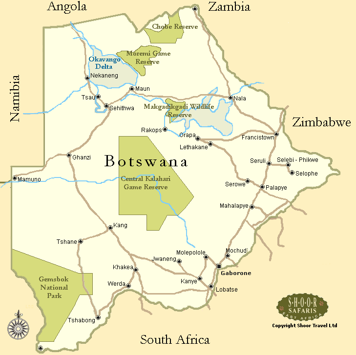 Botswana Map 33 Map of Botswana with national parks, reserves, and cities.