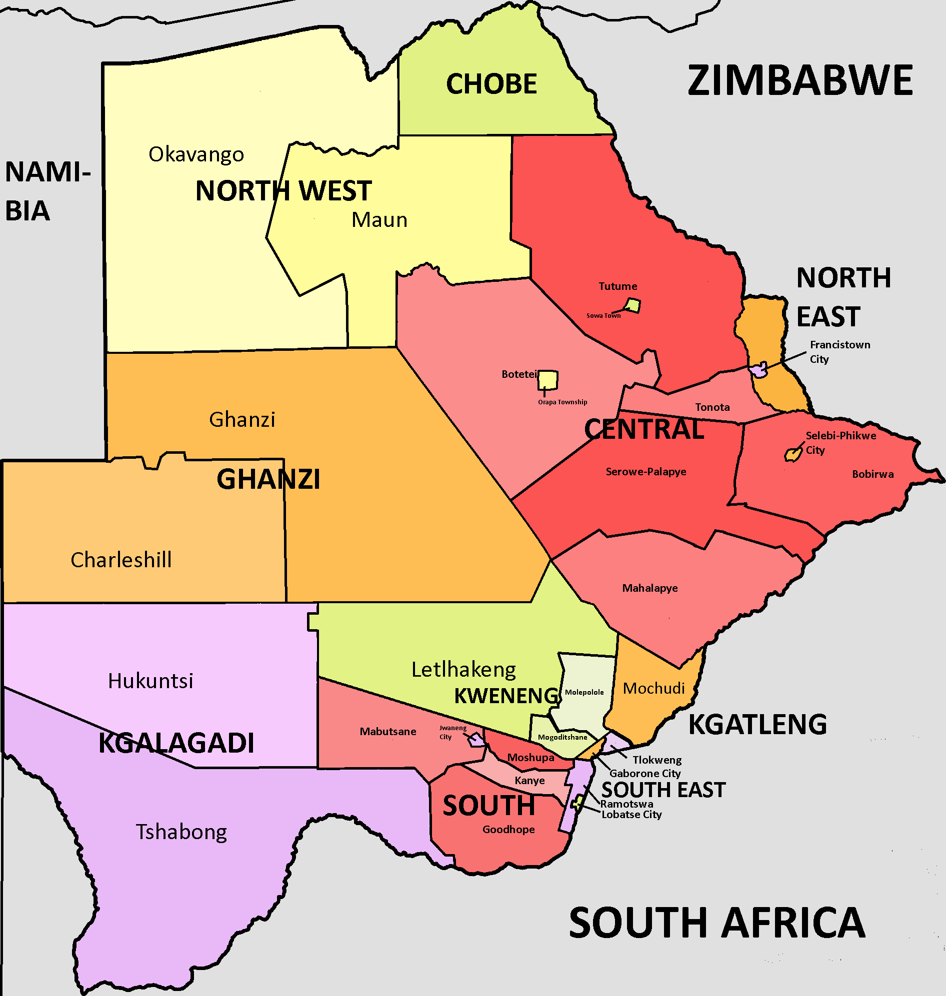 Botswana Map 22 The subdistricts of Botswana map