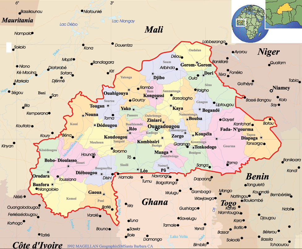 Burkina Faso Map 30 Political map of Burkina Faso with regions, cities, and borders.