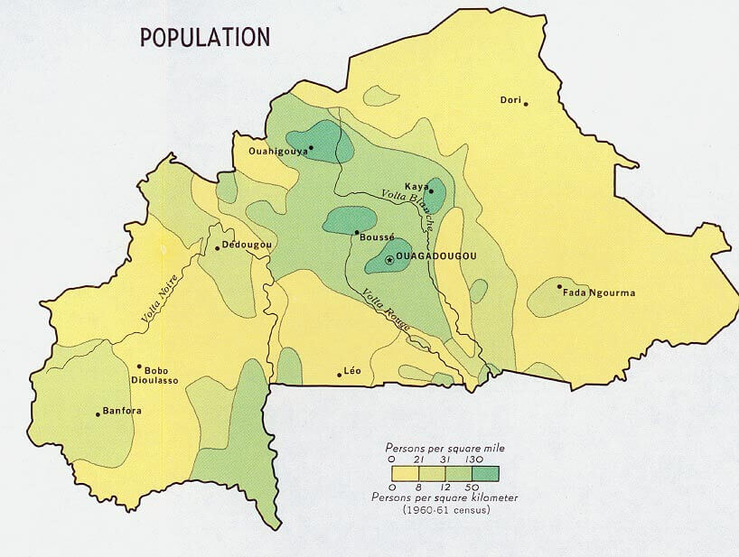 Burkina Faso Map 29 Population density map of Burkina Faso highlighting regions.