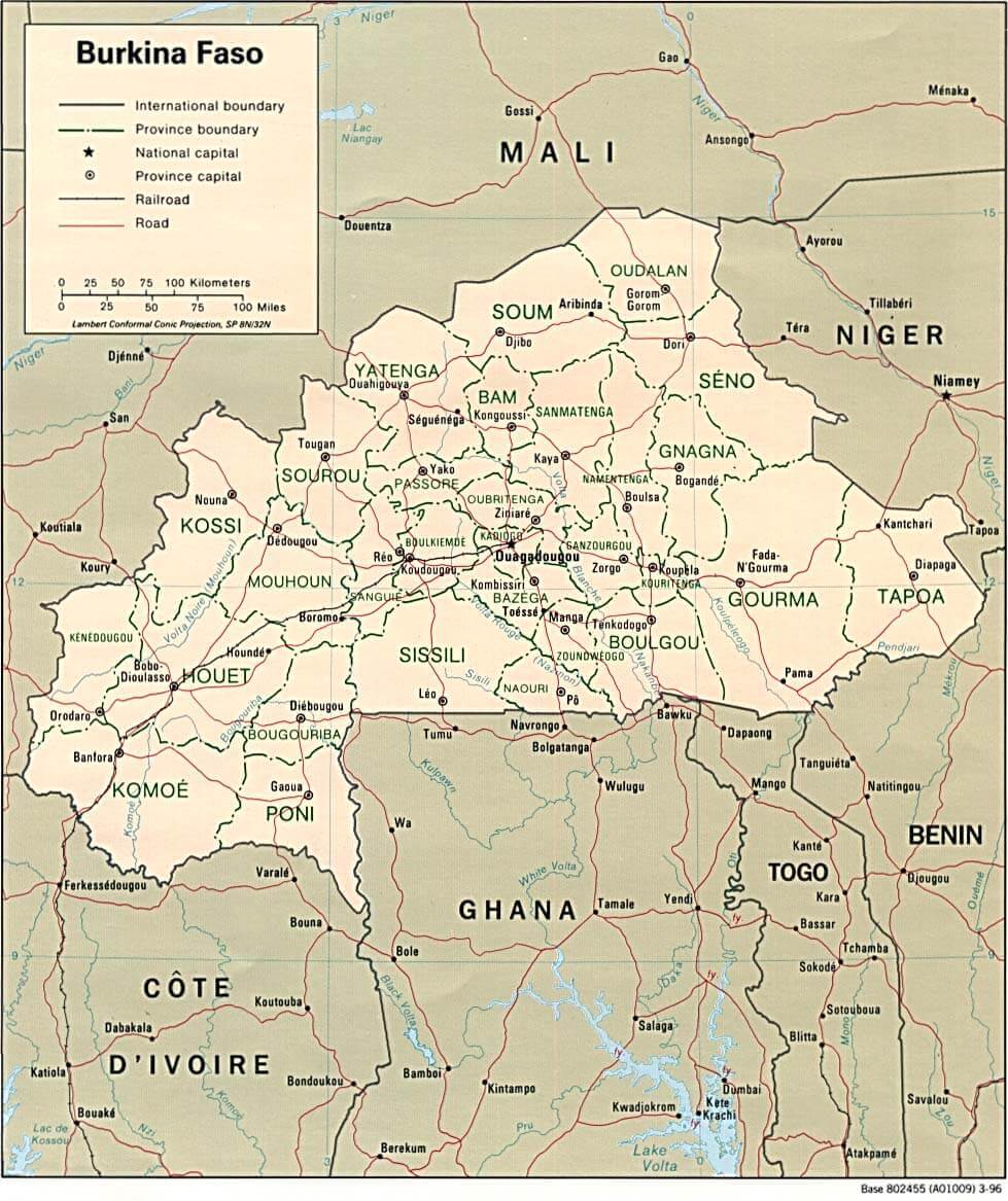 Burkina Faso Map 31 Burkina Faso map with provinces, cities, and international borders.