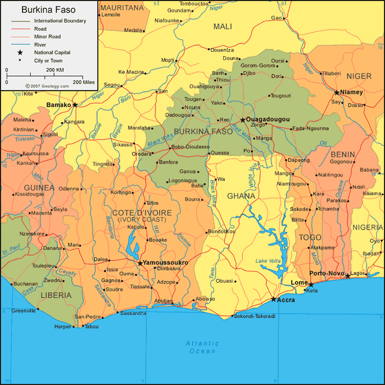 Burkina Faso Map 24 Burkina Faso map with major cities, roads, and neighboring countries.