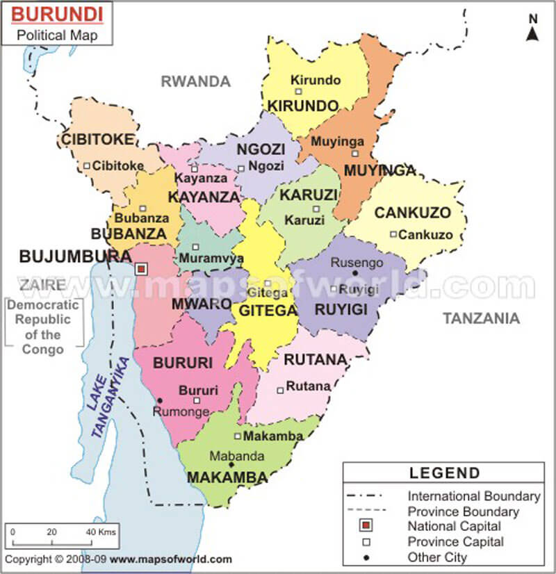 Burundi political map with provinces, capitals, and major cities.