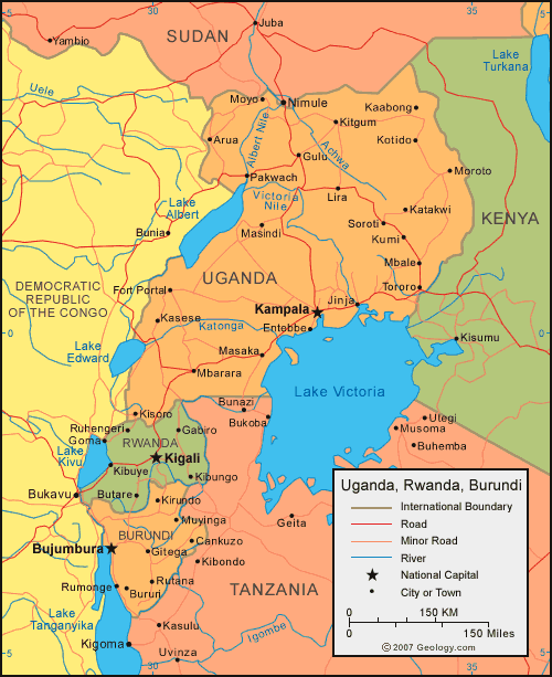 Regional map showing Uganda, Rwanda, and Burundi with key features.
