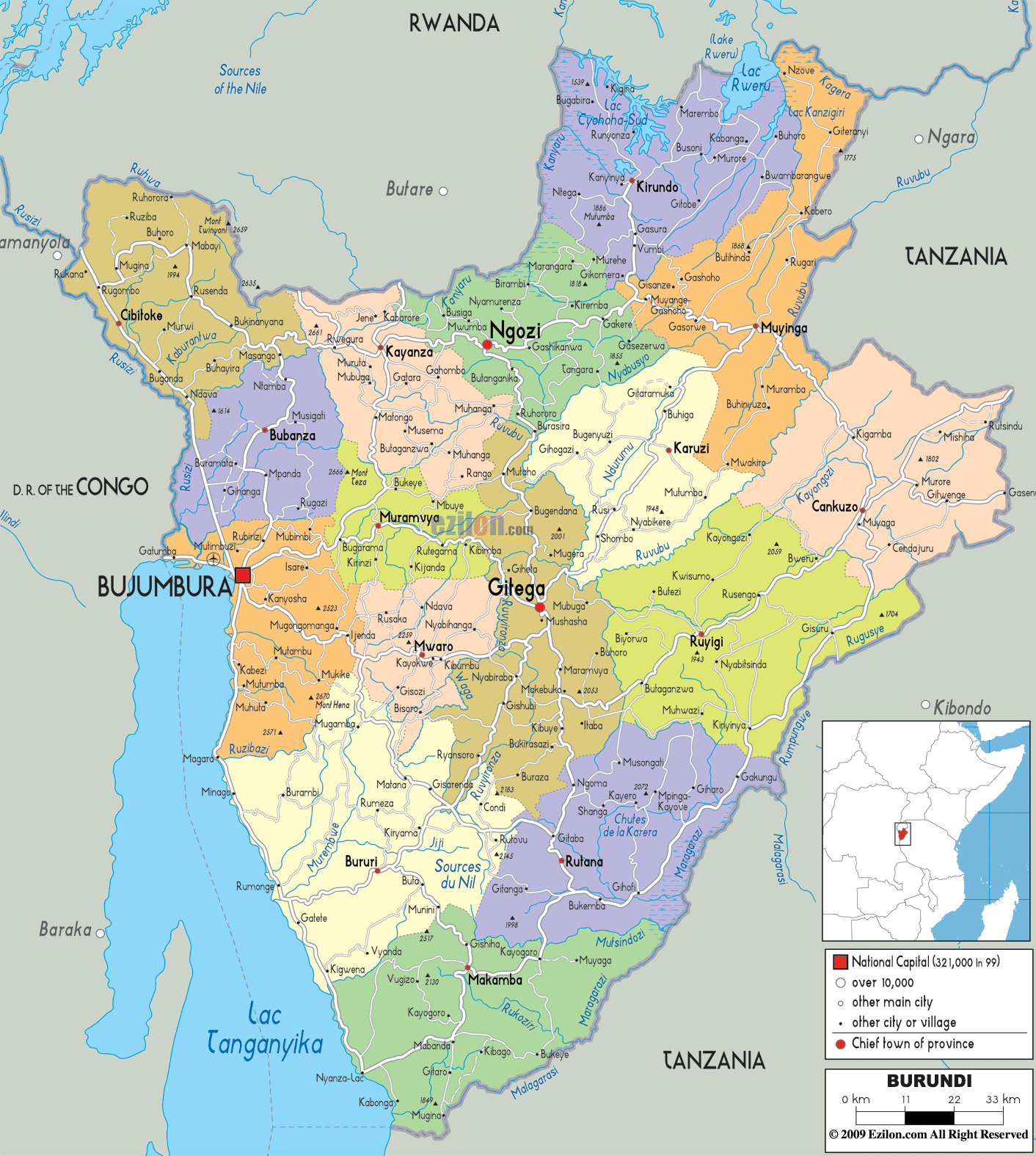 Political map of Burundi highlighting provinces and major cities.
