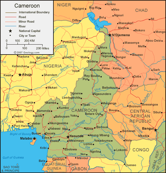 Cameroon map with cities, roads, rivers, and neighboring countries.