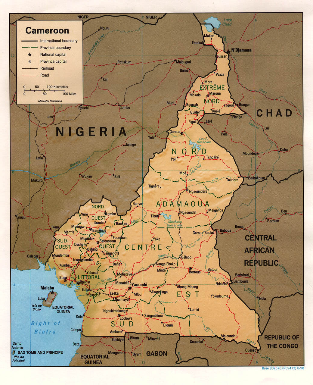 Map of Cameroon highlighting provinces, cities, and borders.