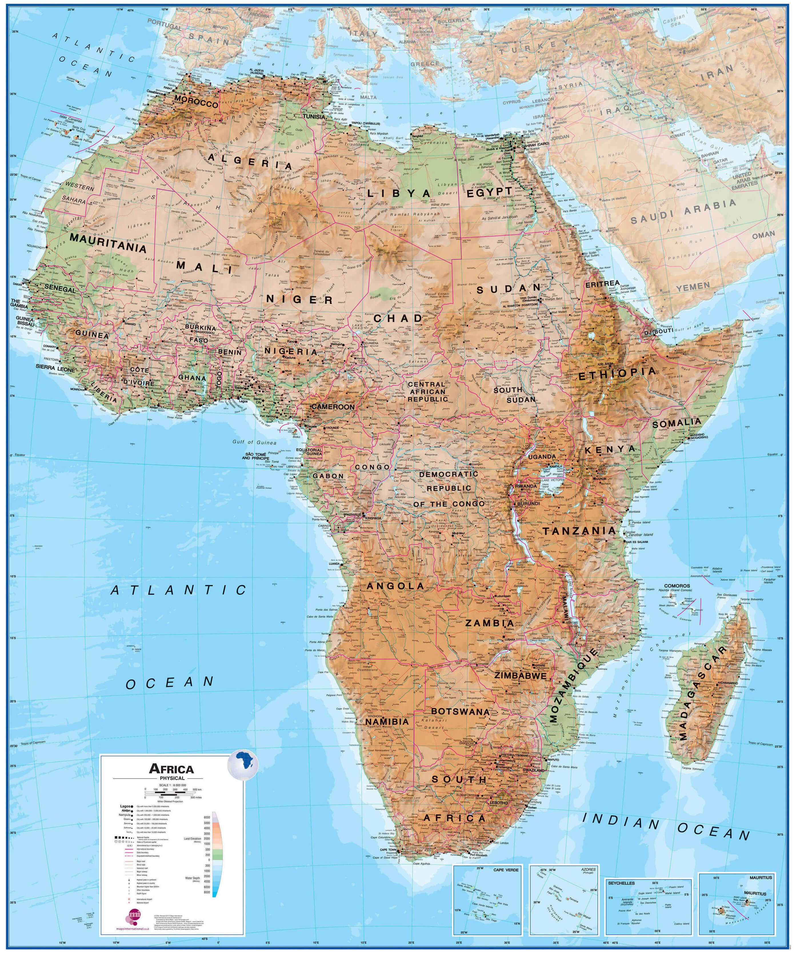 Africa wall map physical with cities