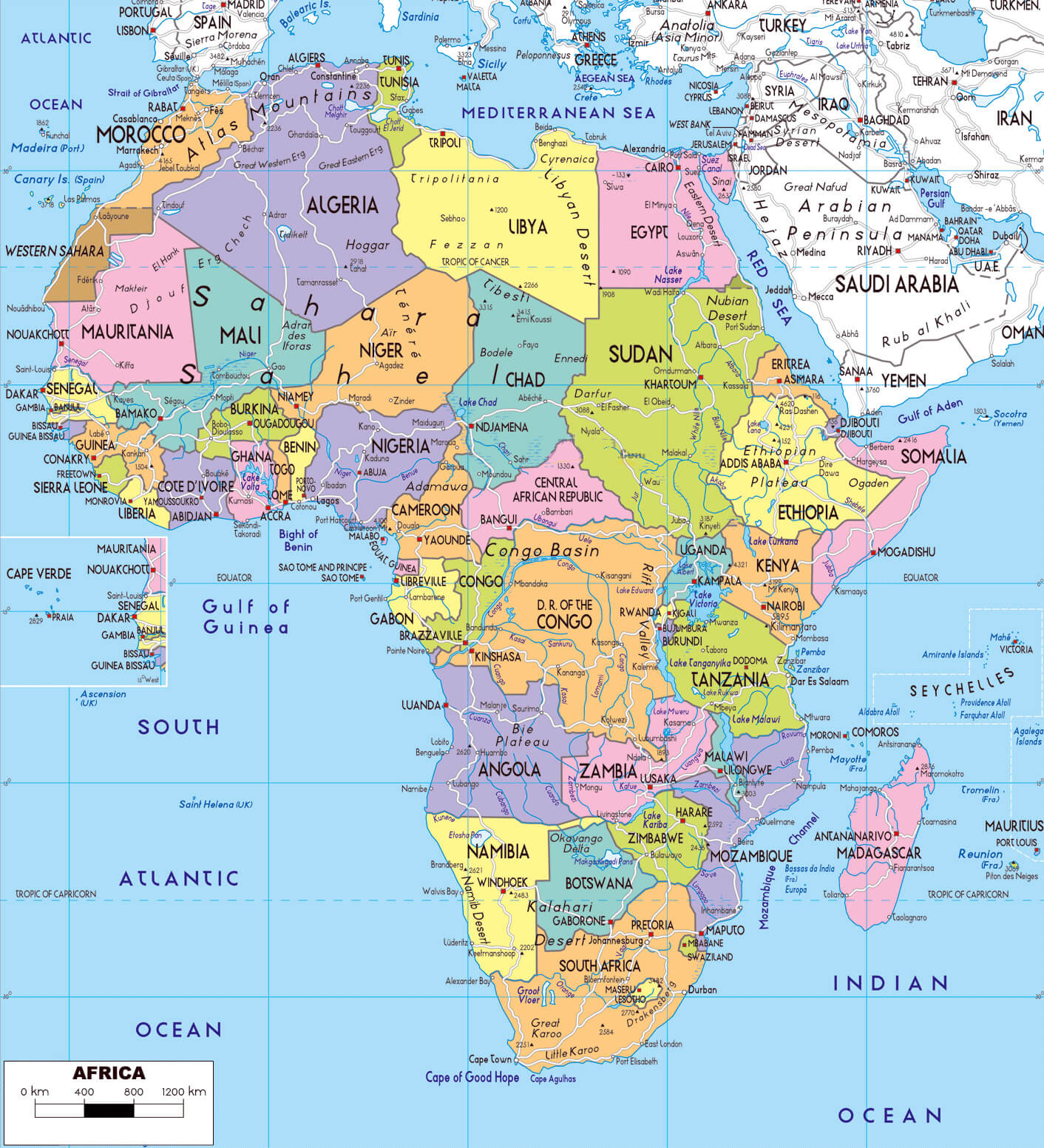 Large political map of Africa with roads capitals and cities