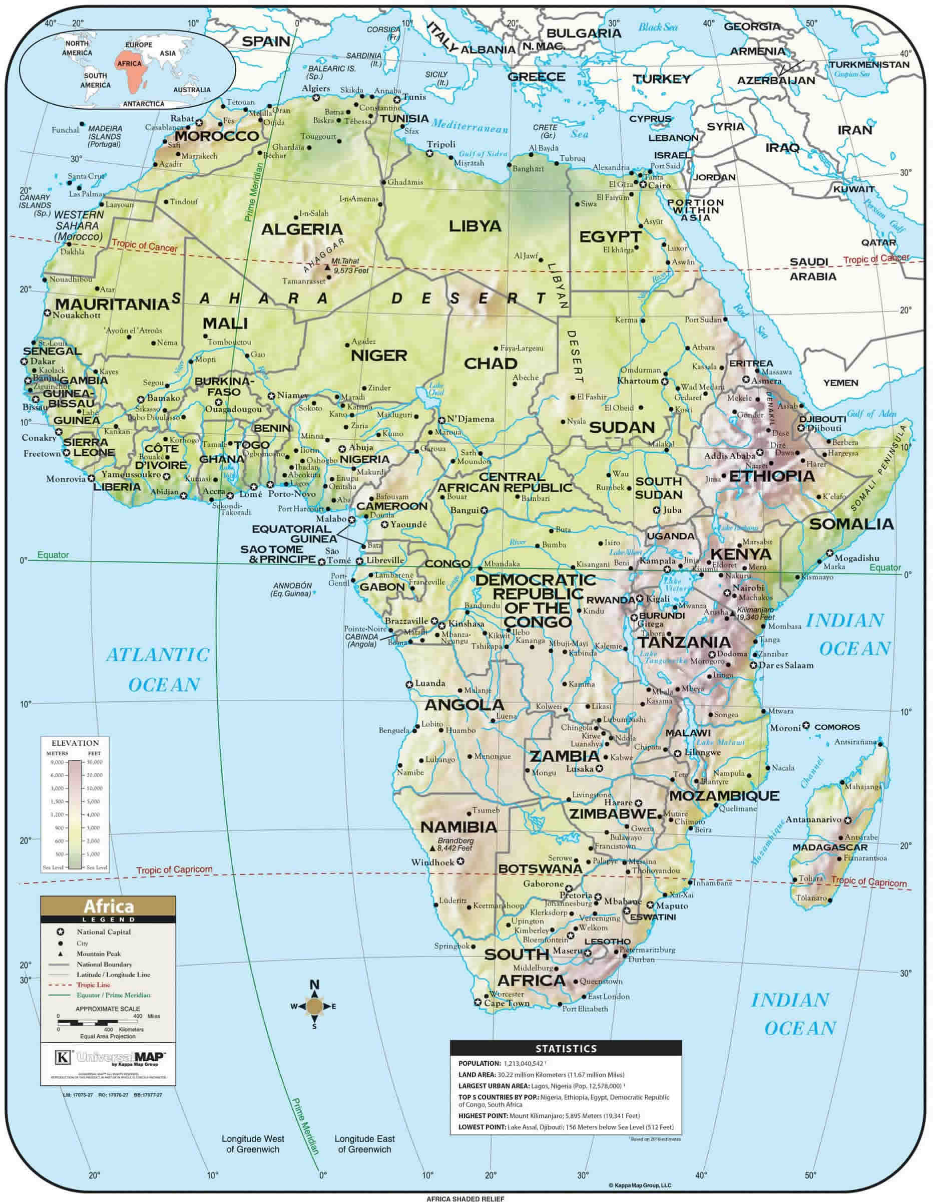 Physical map of Africa with cities