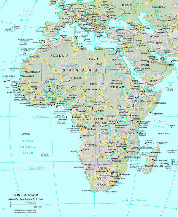 Physical map of Africa with countries