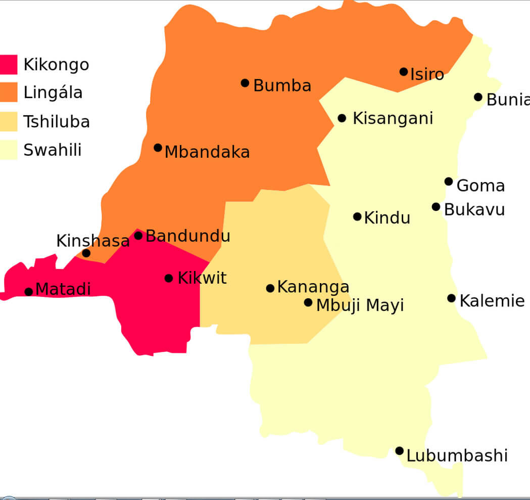 Map showing Kikongo, Lingala, Tshiluba, and Swahili regions in the DRC.