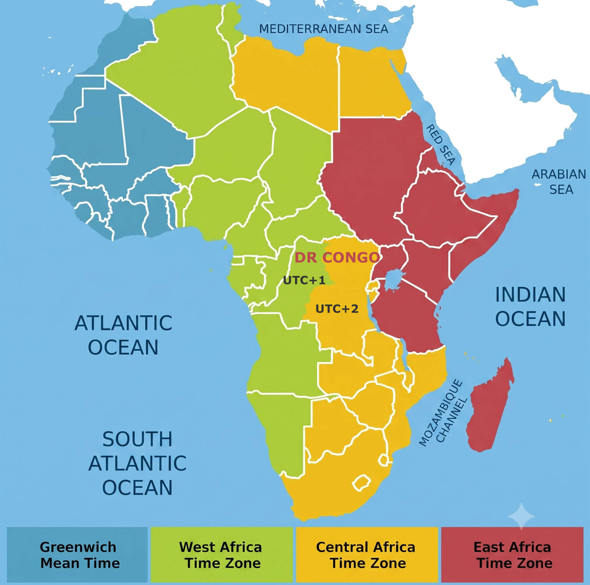 Africa time zones map with Democratic Republic of the Congo