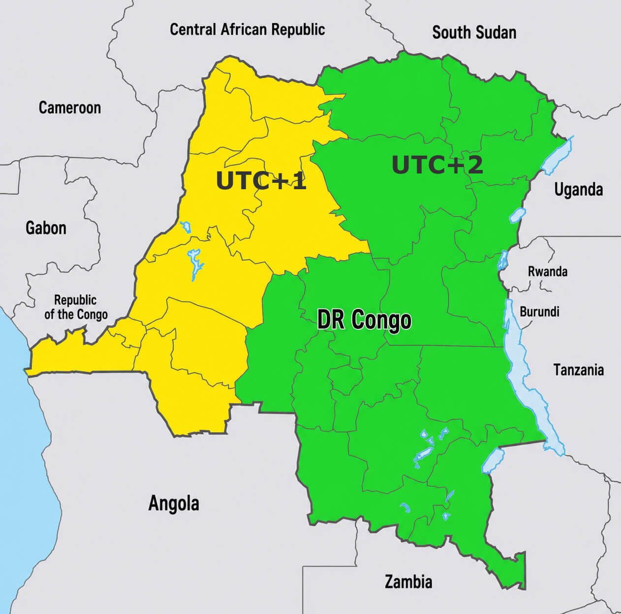 DR Congo UTC +1 and UTC +2 time zone map