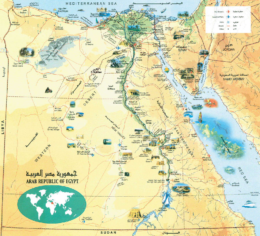 Ancient Egypt map showing cities, Nile River, deserts, and key landmarks.