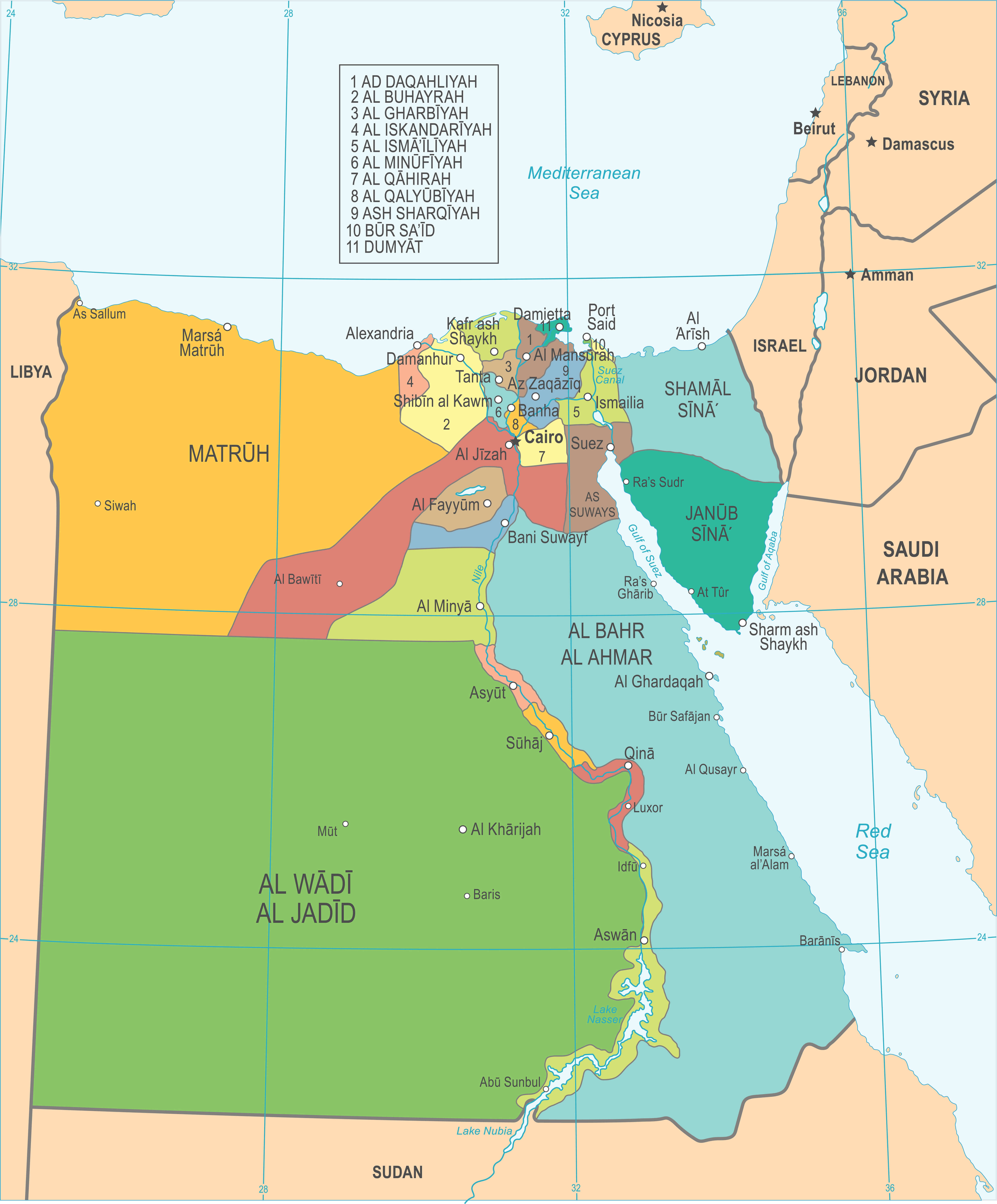 Egypt administrative map with governorates borders cities and regional divisions
