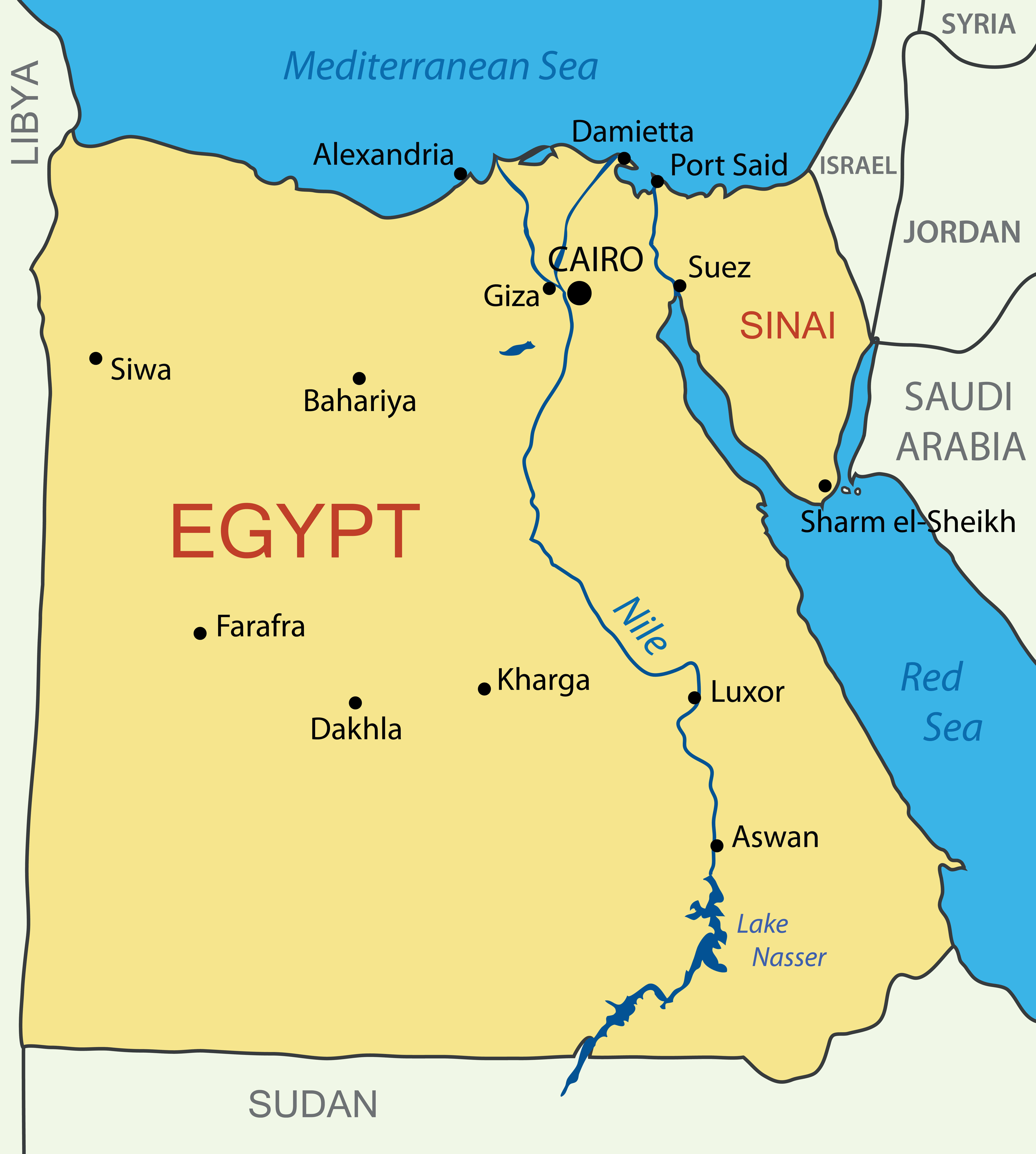 Geographic Map of Egypt Highlighting the Nile River and Major Cities
