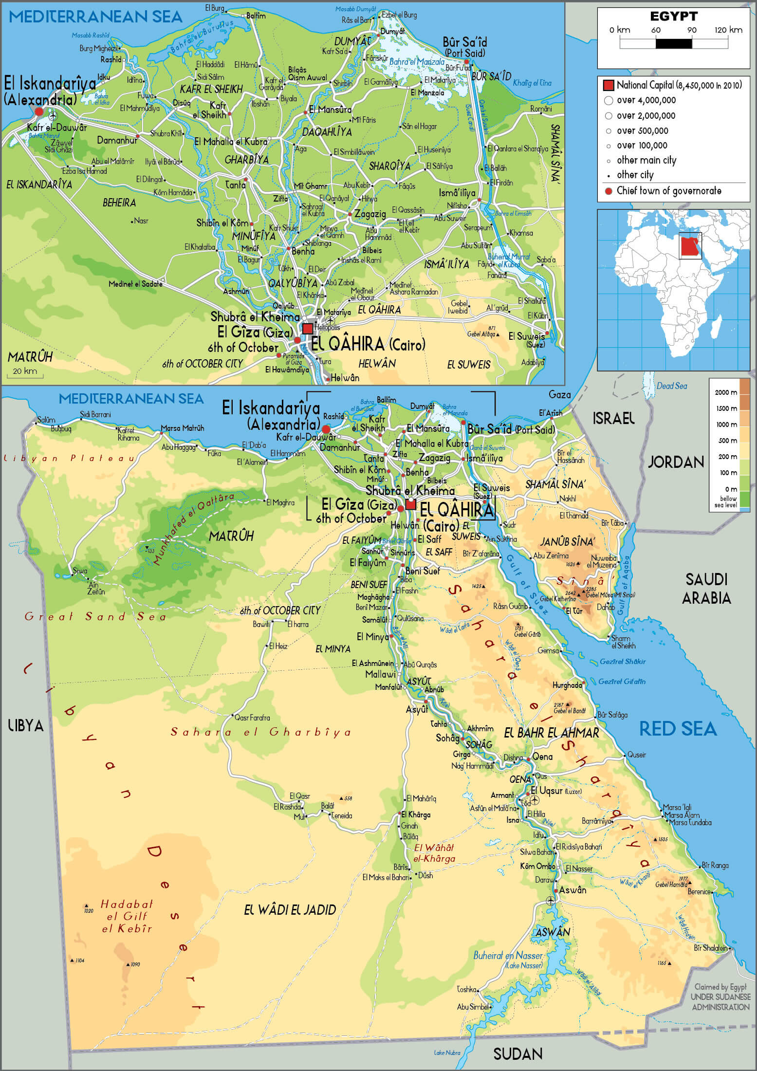 Egypt physical map with cities