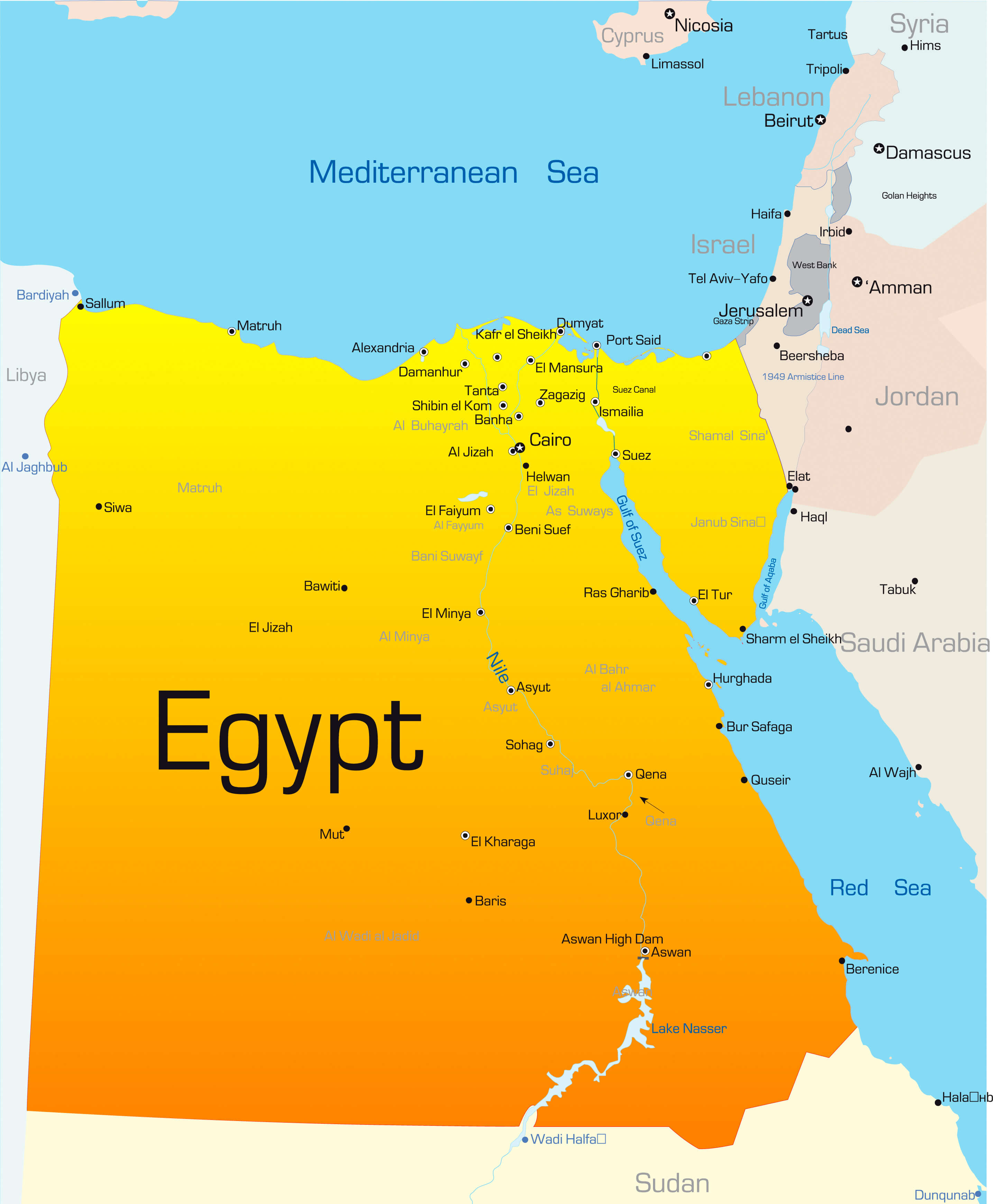 Egypt Political Map Showing Cities, Borders, and Neighboring Countries
