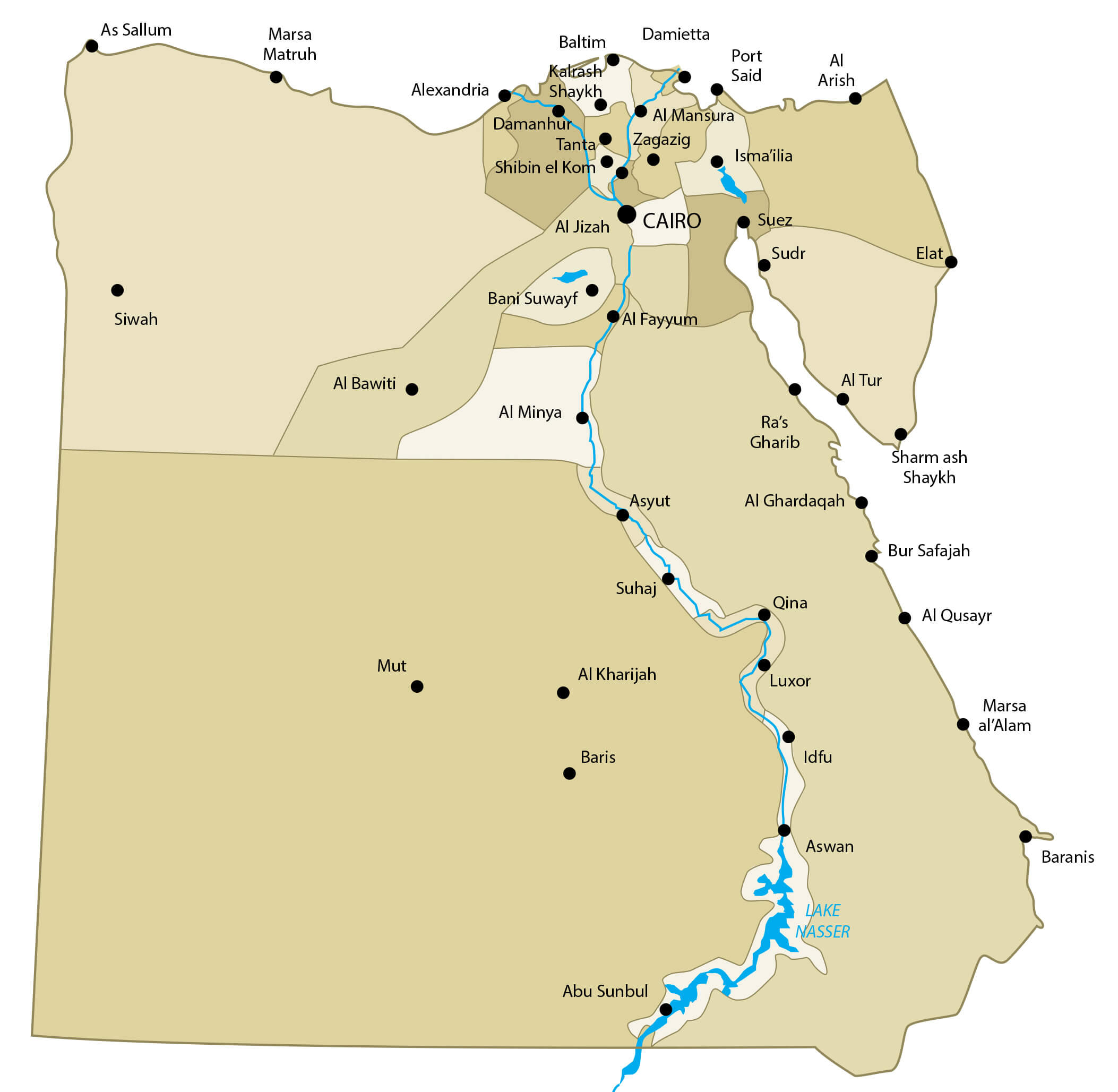 Egypt provinces map with cities