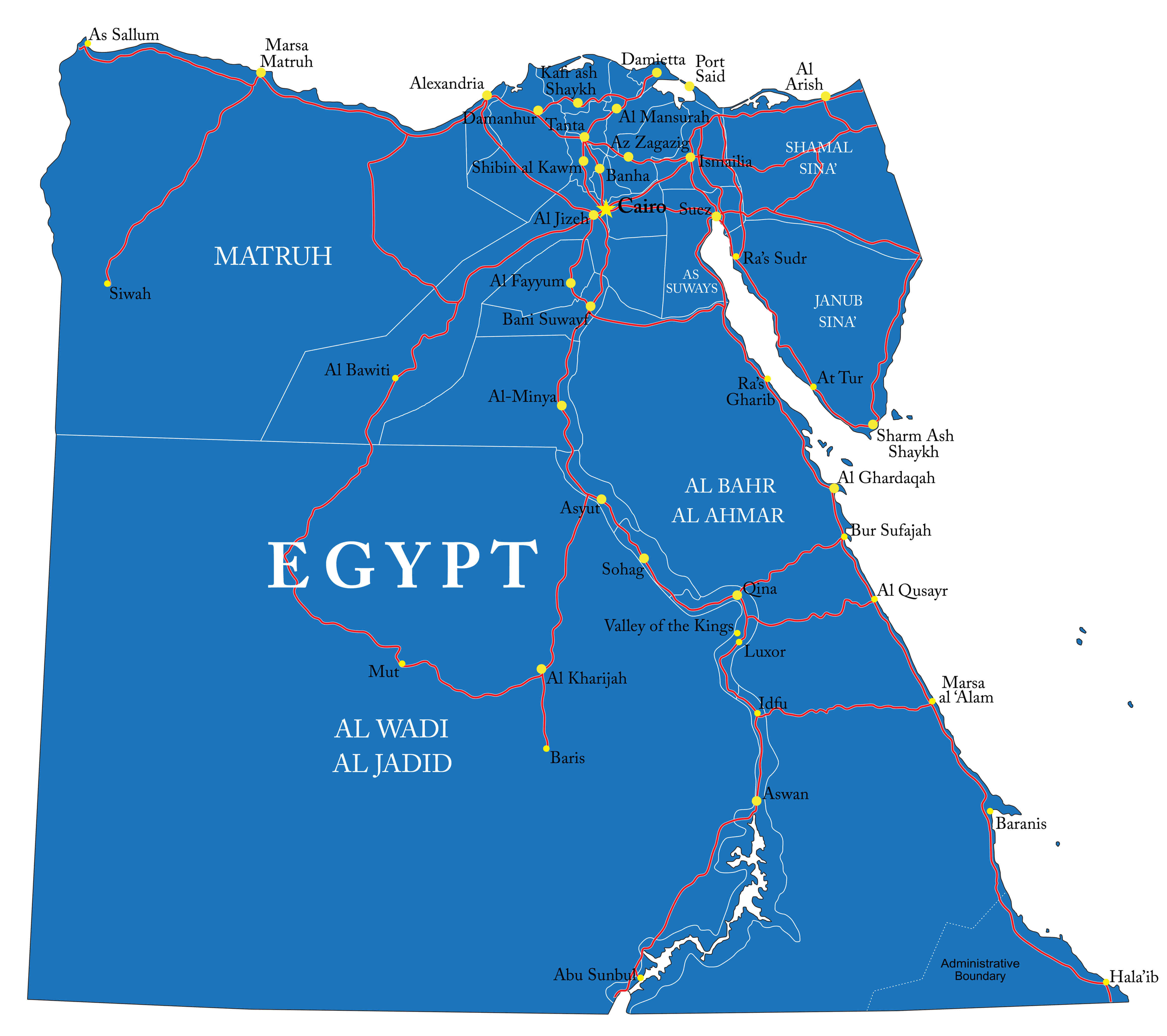Egypt road map with cities highways rivers and administrative boundaries