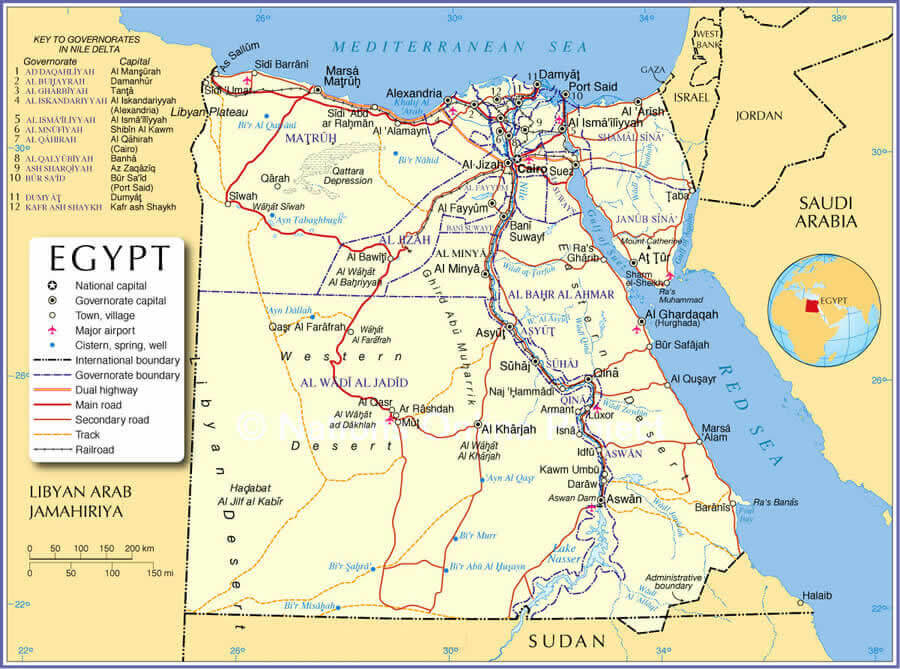 Comprehensive Road Map of Egypt Featuring Major Cities and Transportation Routes