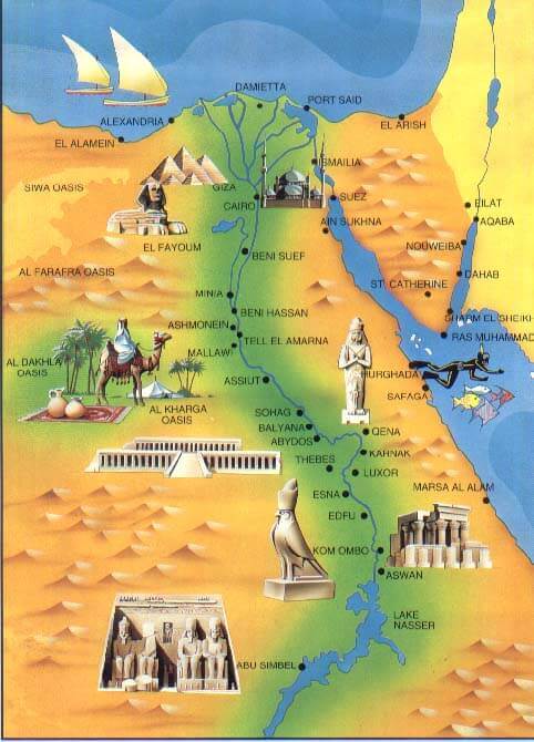 Touristic map of Egypt showing landmarks, Nile River, and oases.