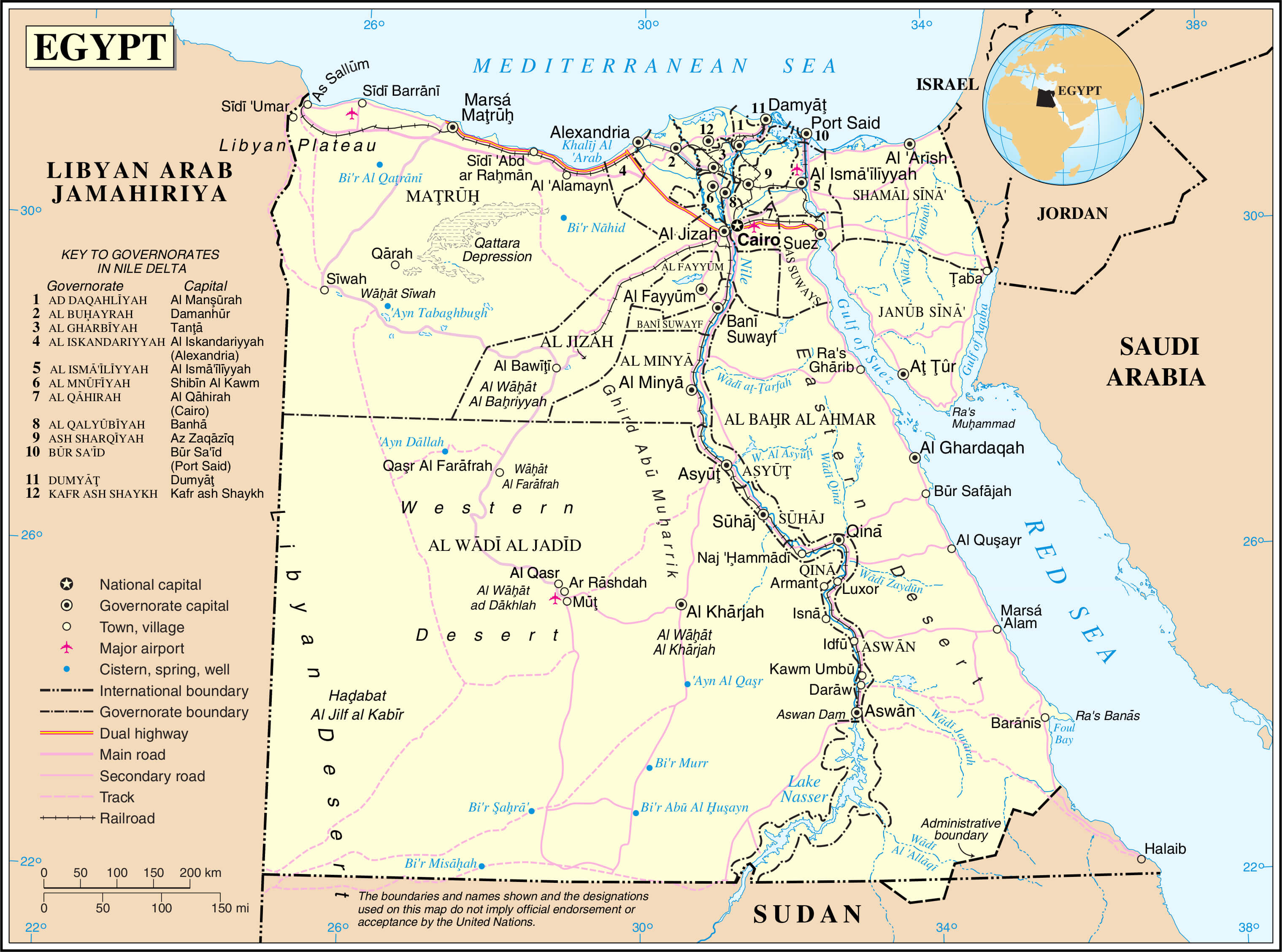 Egypt political map with cities, governorates, highways, and borders.