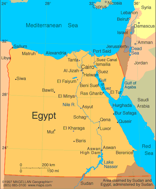 Map of Egypt showing cities, Nile River, deserts, and Mediterranean coast.