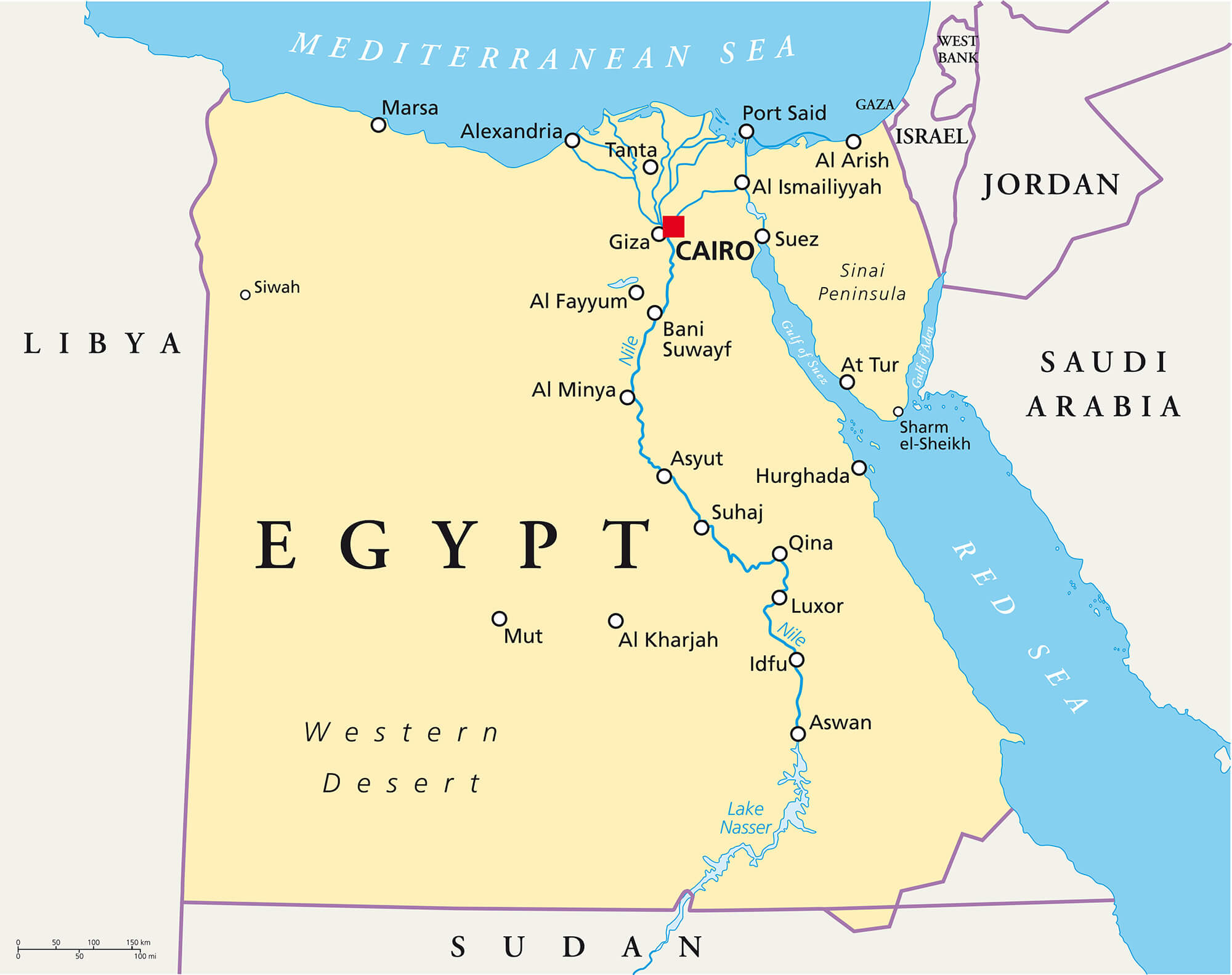 Political Map of Egypt with Major Cities, Rivers, and Neighboring Countries