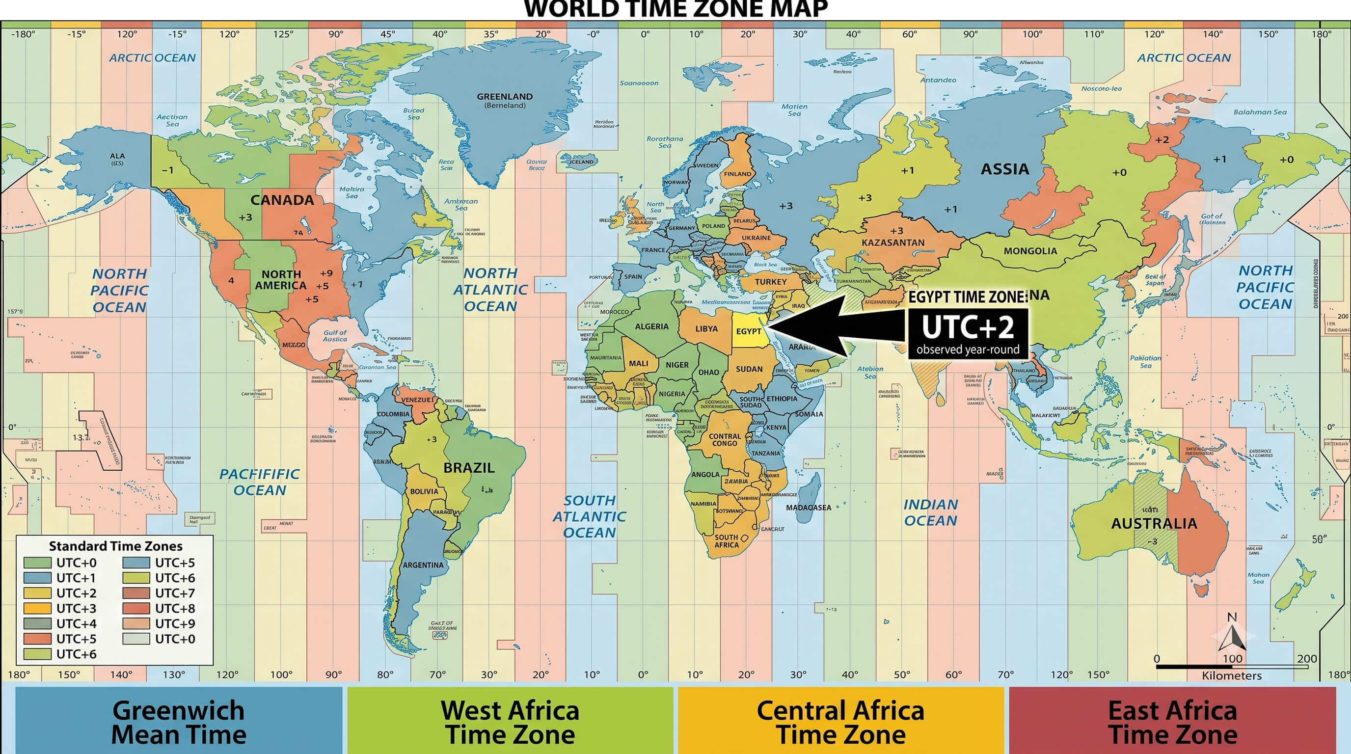 Africa time zone map showing Egypt UTC+2