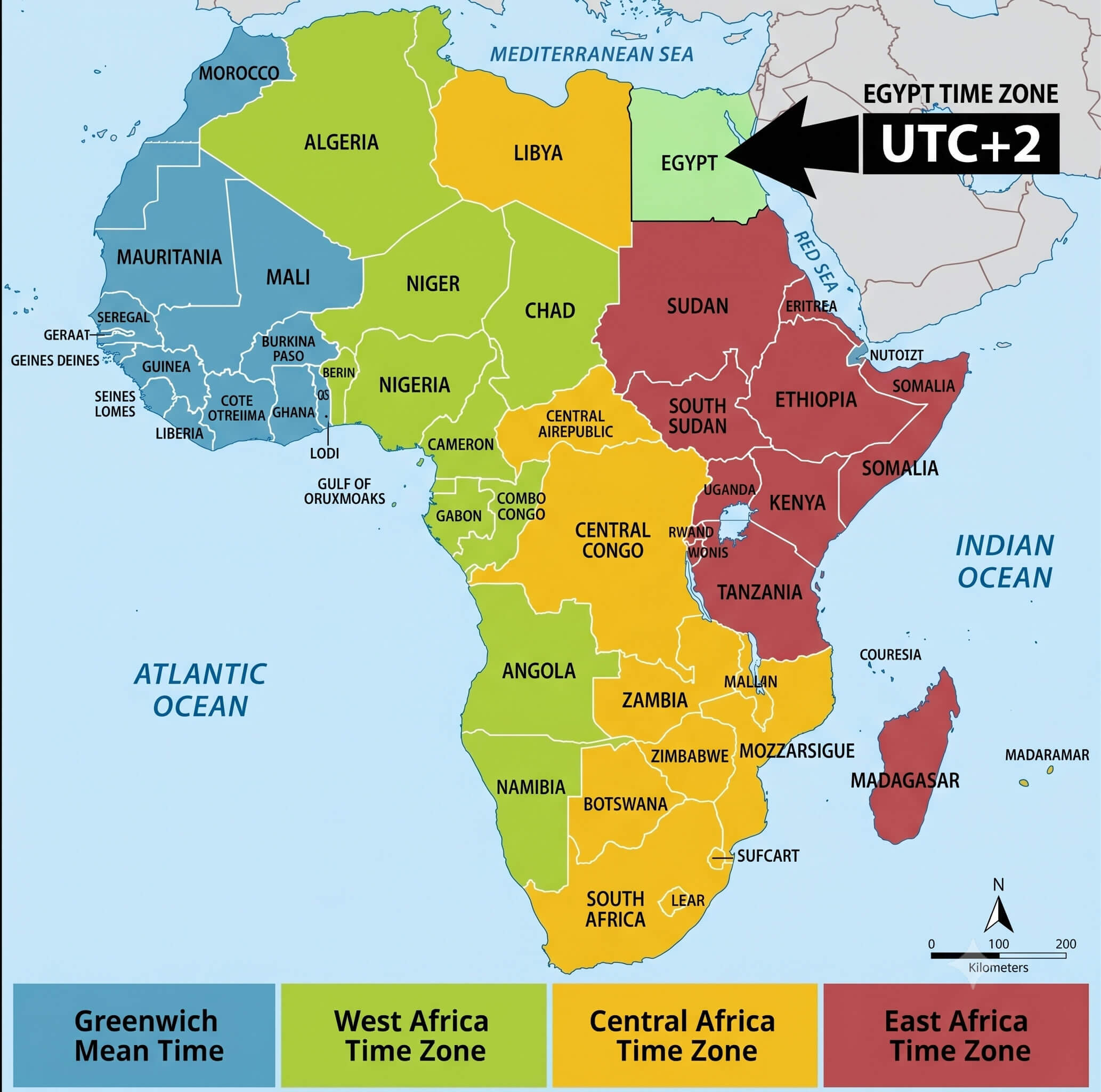 Africa time zone map with Egypt