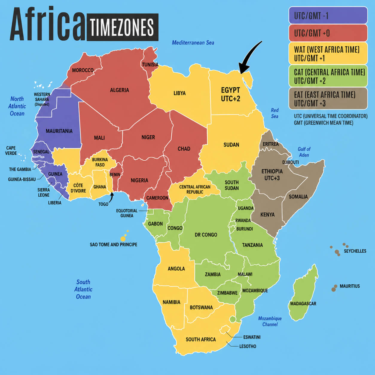 Africa time zones map with Egypt