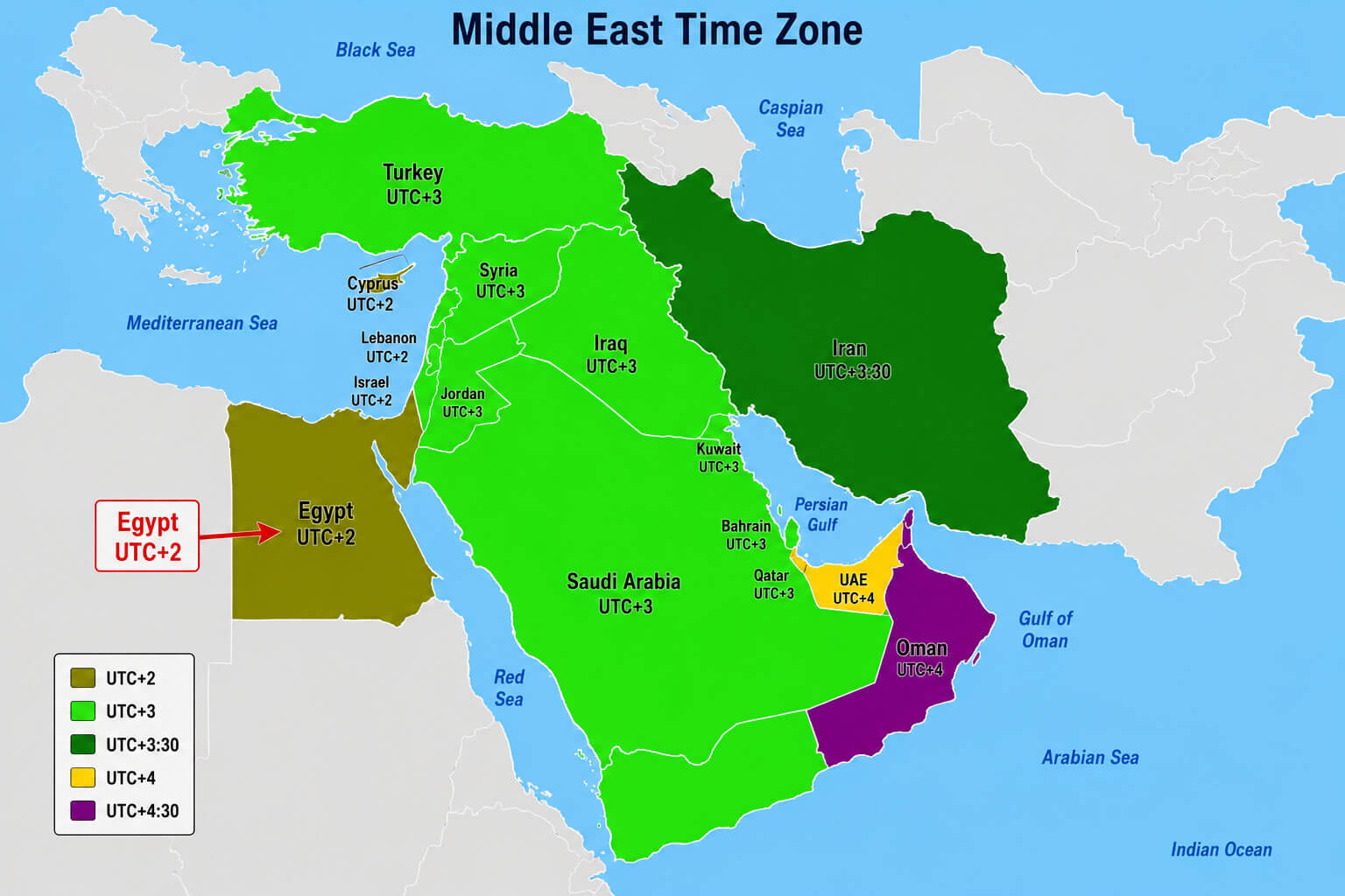 Middle East time zone map UTC+2 Egypt