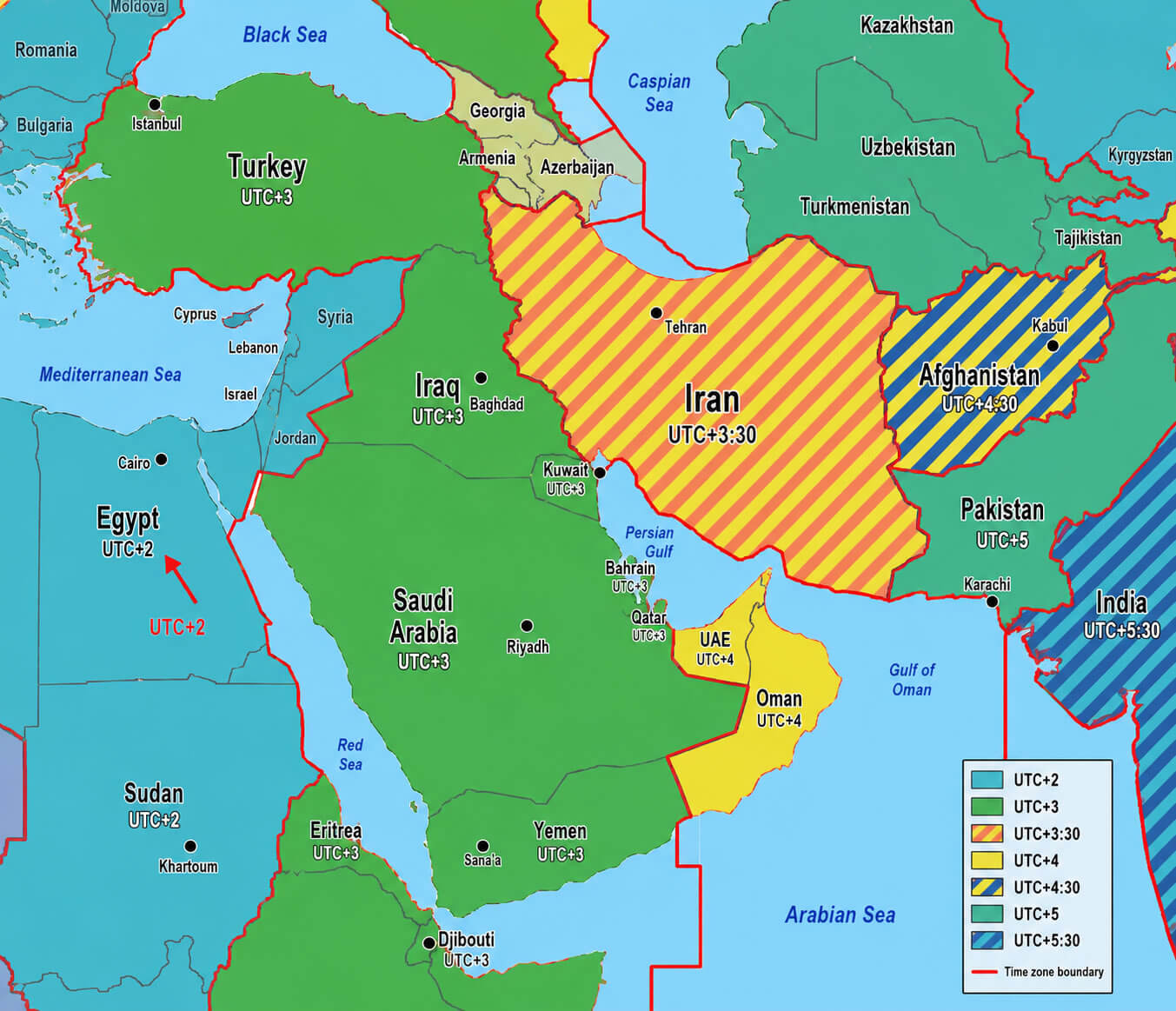 Middle East time zones map with Egypt