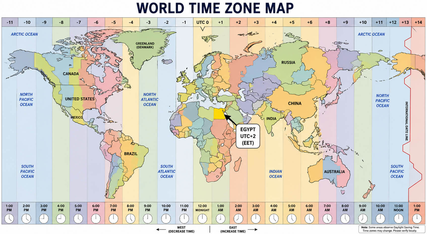 World time zones map with Egypt highlighted