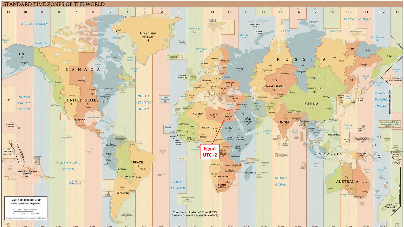 World time zones map with Egypt