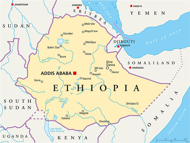 Ethiopia cities and Addis Ababa map
