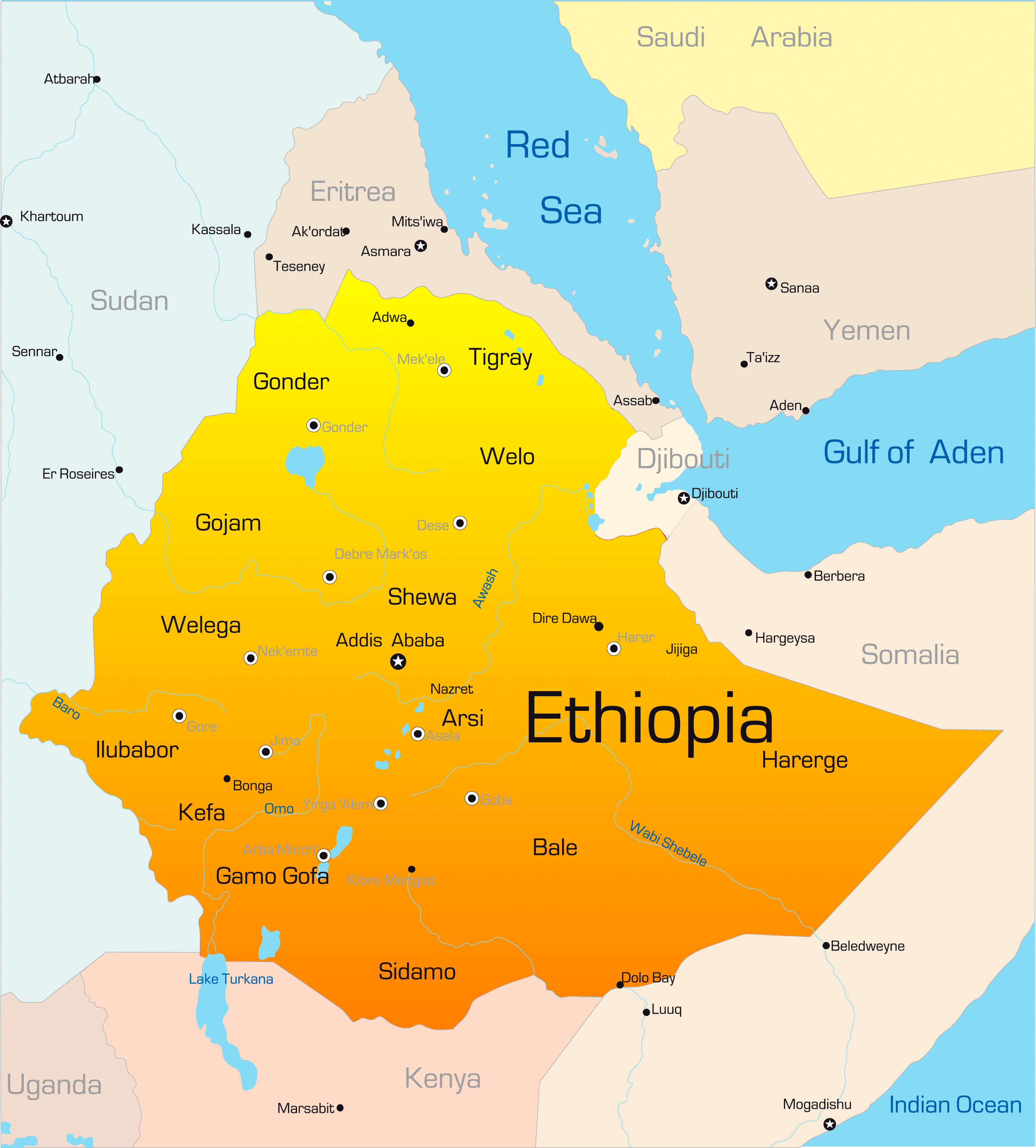 Ethiopia major cities map
