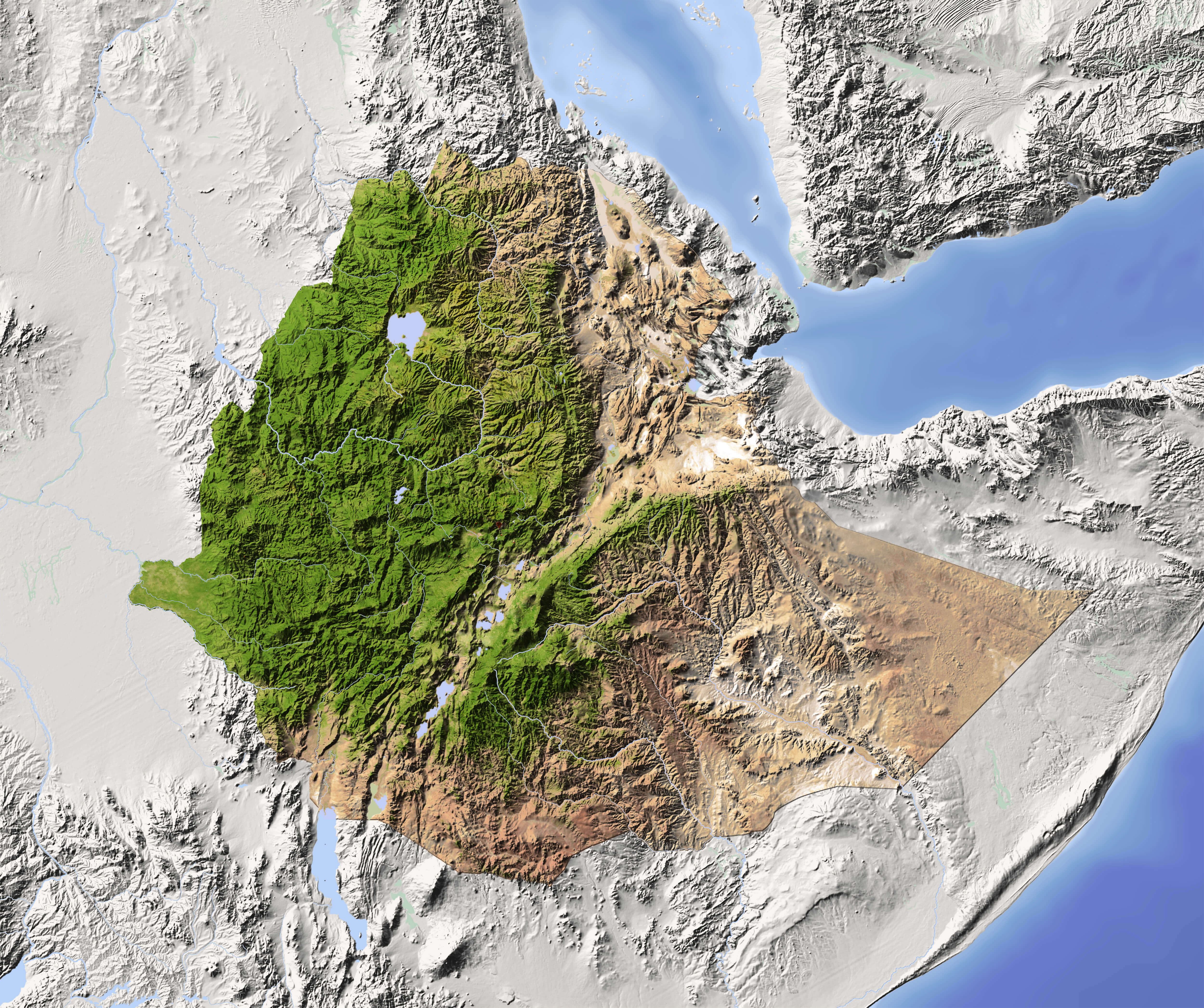 Ethiopia physical and relief map